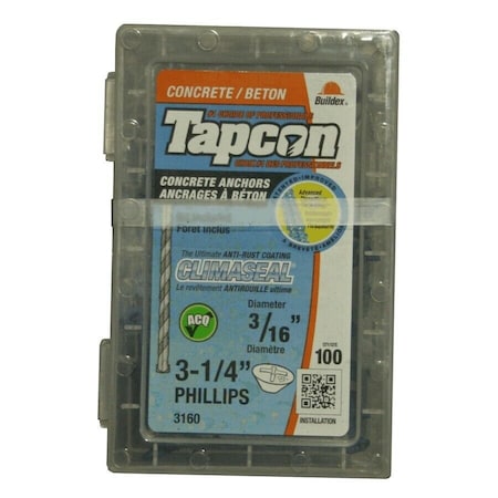 Tapcon 3/16-inch x 3-1/4-inch Climaseal Blue Flat Head Phillips Concrete Screw Anchors w/Drill Bit, 100PK 3160C